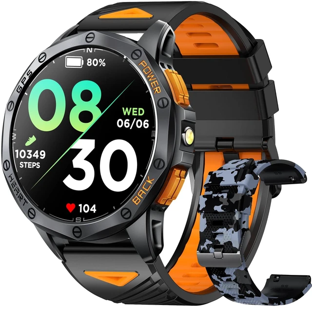 Main image of Military Smart Watches Built-in GPS, 170+ Sport Modes for Men with Flashlight, Smartwatch for Android Phones and iPhone, 1.43" AMOLED Screen Bluetooth Call Compass Altimeter (Black & Camo (2 Bands))