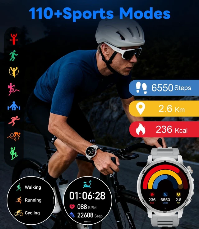 Alt view image 7 of 7 - Military Smart Watch for Men Answer/Make Call, 1.85'' HD Rugged Smartwatch with 1000mAh Battery/Flashlight/Heart Rate/110+ Sports Mode, IP68 Waterproof Fitness Tracker Watch for Android iPhone