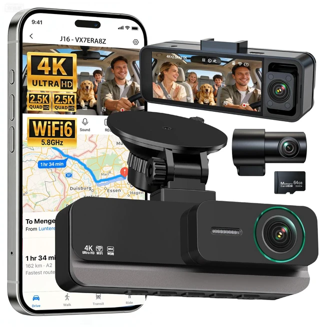 Main image of 4K+2.5K+2.5K 3 Channel Dash Cam - Front/Rear/Inside - 5.8GHz WiFi 6 Dashcam with IR Night Vision, 64GB Card, 24H Parking Mode, G-Sensor - Car Dash Cam for Rideshare & Taxi
