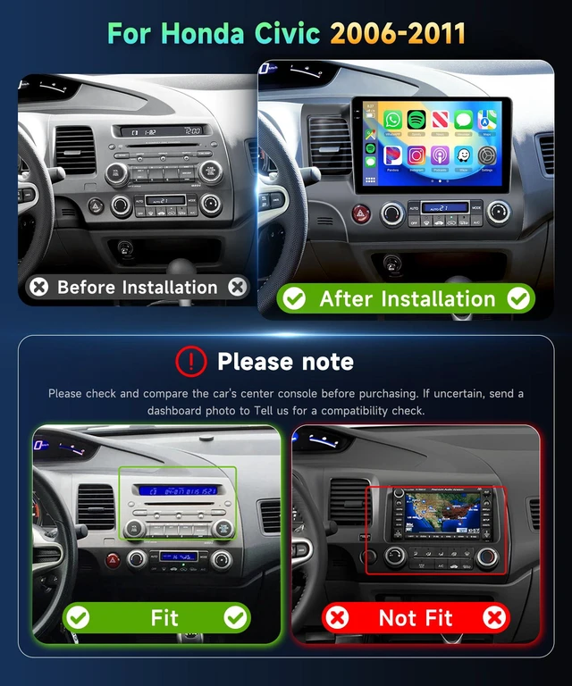 Alt view image 2 of 4 - 4G 128G Car Radio for Honda Civic 2006-2011 Stereo 10.1 inch Incell Touch Screen Wireless CarPlay Android Auto Android Head Unit DAB Bluetooth GPS 5G WiFi SWC Backup Camera