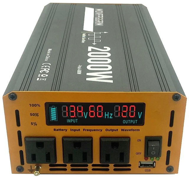 Alt view image 4 of 4 - 2000 Watt Power Inverter Converter, Car/Truck/RV 12V DC to 110V AC Converter, with LED Display, 3AC Outlets, USB Port