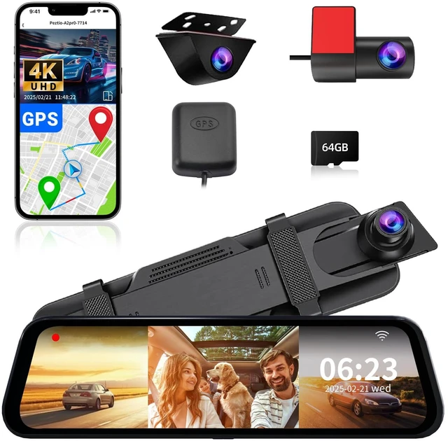 Main image of 3 Channel Mirror Dash Camera, 4K/3K+2.5K/1080p+1080p Rear View Mirror Camera with GPS, APP Control, WDR Night Vision, G-Sensor, Loop Recording, 24 Hours Parking Monitor, 64GB Card Included