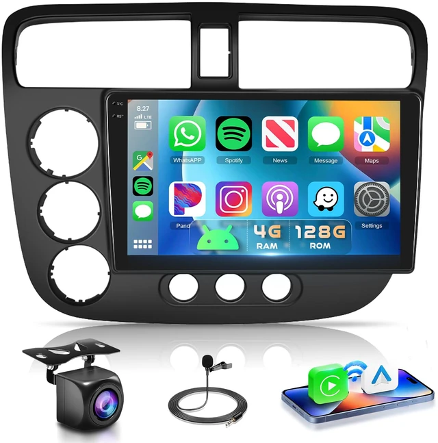 Main image of 4G+128G Car Radio for Honda Civic 2001-2005 Stereo 9 inch in-Cell Screen Full Touchscreen Wireless CarPlay/Android Auto Android 15 Bluetooth DSP FM/RDS GPS WiFi SWC AHD Backup Camera