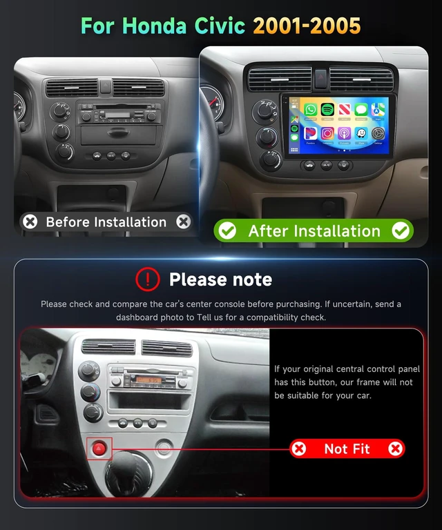 Alt view image 2 of 4 - 4G+128G Car Radio for Honda Civic 2001-2005 Stereo 9 inch in-Cell Screen Full Touchscreen Wireless CarPlay/Android Auto Android 15 Bluetooth DSP FM/RDS GPS WiFi SWC AHD Backup Camera