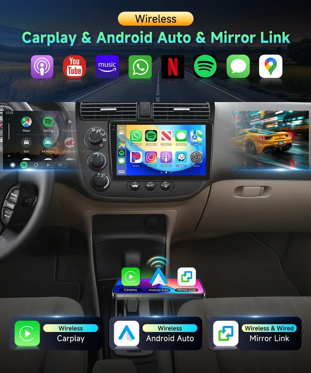 Alt view image 3 of 4 - 4G+128G Car Radio for Honda Civic 2001-2005 Stereo 9 inch in-Cell Screen Full Touchscreen Wireless CarPlay/Android Auto Android 15 Bluetooth DSP FM/RDS GPS WiFi SWC AHD Backup Camera
