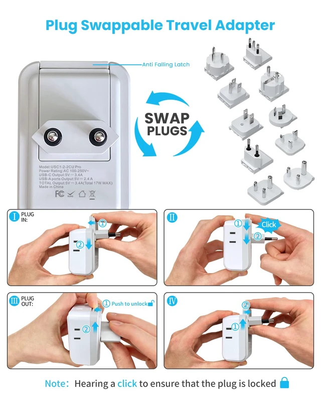 Alt view image 3 of 4 - Universal Travel Adapter Kit, International Power Adapter with 4AC and 3USB Ports(2 USB-C), Type A,B,C,D,E/F,G,H,I,L,M Swap Adapt Attachments, Travel Adapter Worldwide for Europe/Africa/India