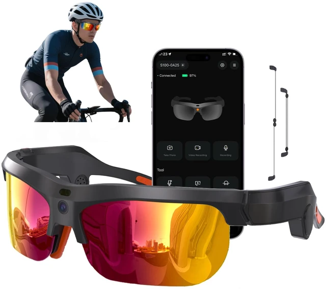 Main image of Smart Cycling Glasses with 20MP Camera, AI Voice Assistant & Real-World Recognition, EIS Anti Bluetooth Audio Sunglasses, Sports Camera Glasses for Outdoor Activity Men Women (Purple & Yellow Lens)
