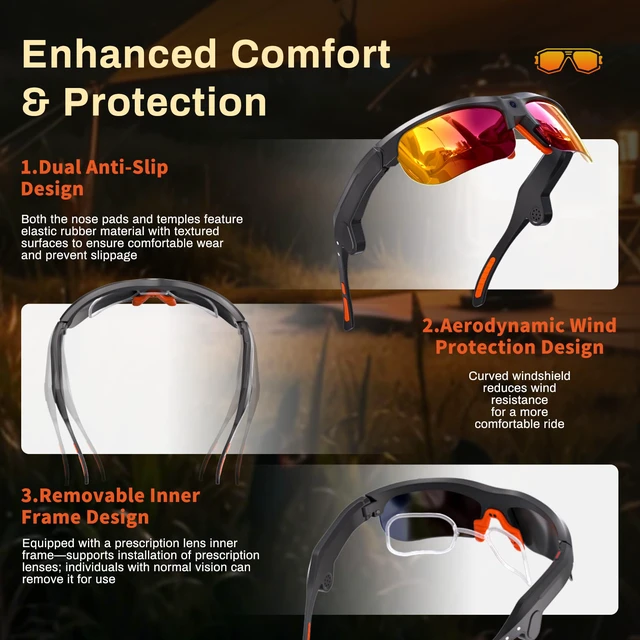Alt view image 7 of 7 - Smart Cycling Glasses with 20MP Camera, AI Voice Assistant & Real-World Recognition, EIS Anti Bluetooth Audio Sunglasses, Sports Camera Glasses for Outdoor Activity Men Women (Purple & Yellow Lens)