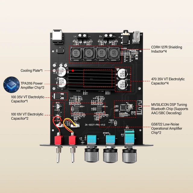 Alt view image 4 of 4 - 2PCS ZK-1002T PRO 2.0 Channel Bluetooth 5.3 Amplifier Board 200W HiFi Audio AMP with Treble and Bass, TWS,BT USB and AUX Inputs, DC 12-24V 2.0 Channel Stereo AMP Module for DIY Speakers