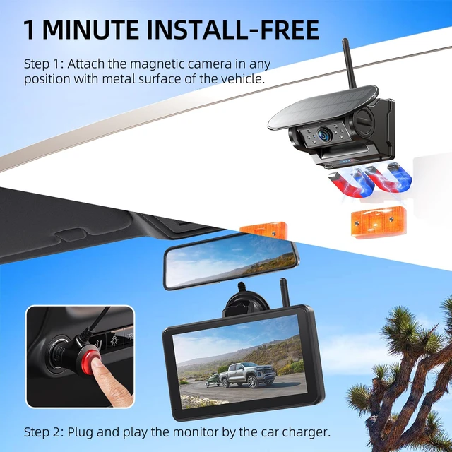 Alt view image 2 of 7 - Magnetic Solar Wireless Backup Camera: HD1080P 7 Touchscreen Portable with DVR, BSD, 1-Min Install-Free IR Night Vision Hitch Backup Camera for Trailer/Truck/Small RV/Camper/Tractor-AWTCM701
