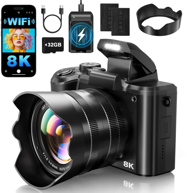 Main image of 8K Digital Cameras for Photography Autofocus 88MP WiFi Professional 16X Digital Zoom Photography Camera with Dual-Lens for YouTube with Lens Hood, Touch Screen, 2 Batteries & Charging Stand
