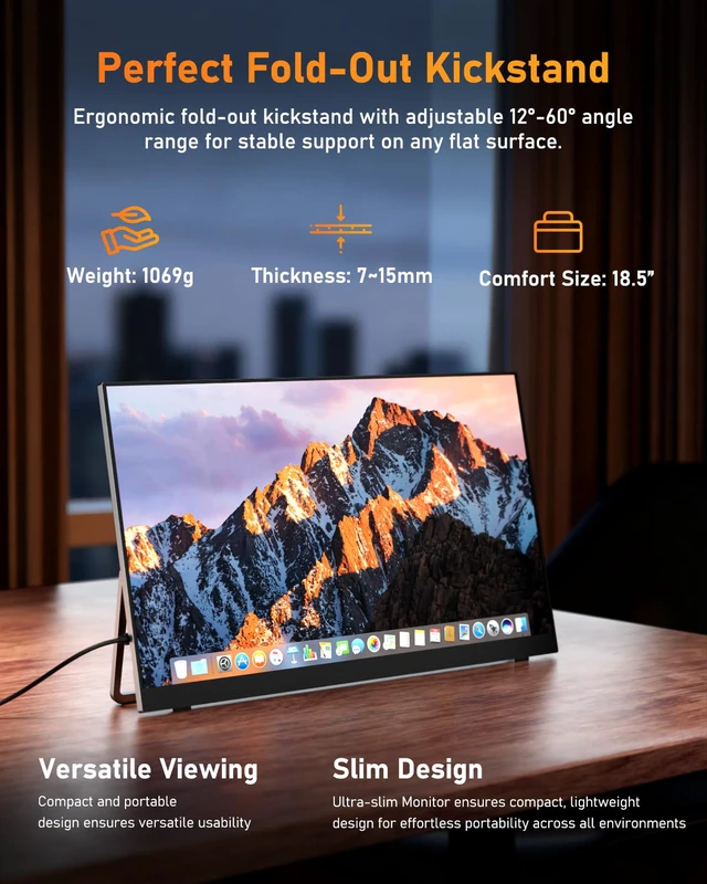 Alt view image 5 of 7 - Portable Monitor for Laptop 100Hz 18.5" FHD 1080P Screen IPS Display with USB Type C Port and Speakers with Smart Cover Metal Compatible with PC, MacBook, Xbox (Black)