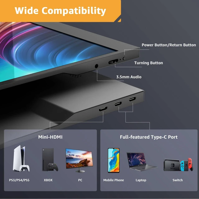 Alt view image 6 of 7 - Portable Monitor for Laptop 1920×1080 17.3" FHD Screen IPS Display with USB Type C Port, Built-in Speakers and Smart Cover Compatible with PC, MacBook, Xbox (Black)