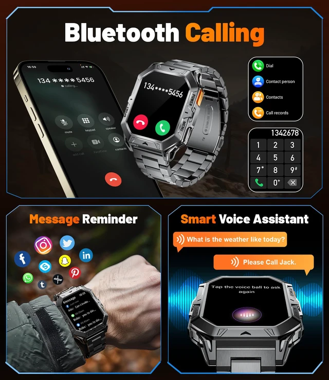 Alt view image 4 of 7 - TX1 Military Smart Watch for Men, 1000mAh 80 Days Long Battery, 2.13'' AMOLED Smartwatch, 100+ Sport Mode/IP68 Waterproof Fitness Tracker, Rugged Smart Watch for Android iOS Compatible