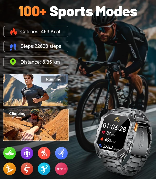 Alt view image 5 of 7 - TX1 Military Smart Watch for Men, 1000mAh 80 Days Long Battery, 2.13'' AMOLED Smartwatch, 100+ Sport Mode/IP68 Waterproof Fitness Tracker, Rugged Smart Watch for Android iOS Compatible