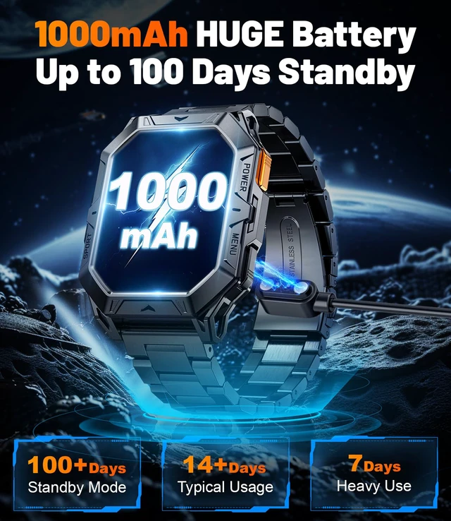 Alt view image 2 of 7 - TX1 Military Smart Watch for Men, 1000mAh 80 Days Long Battery, 2.13'' AMOLED Smartwatch, 100+ Sport Mode/IP68 Waterproof Fitness Tracker, Rugged Smart Watch for Android iOS Compatible