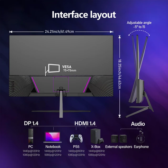 Alt view image 7 of 7 - Gaming Monitor 27 inch QHD IPS, PC Screen 120Hz 2K (2560×1440P), Ultra-Thin Zero Frame Computer Display for Home Office Business, DP, HDMI, Wall-Mounted