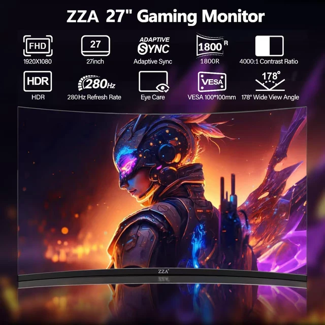 Alt view image 2 of 7 - 27 Inch Gaming Monitor 280Hz/240Hz FHD 1080P,Curved Monitor 1800R VA Screen,Monitor 27 Inch 4000:1 120% sRGB,1Ms,AMD FreeSync,HDR,Low Blue Light,HDMI DP,VESA Support, DP Cable Incl