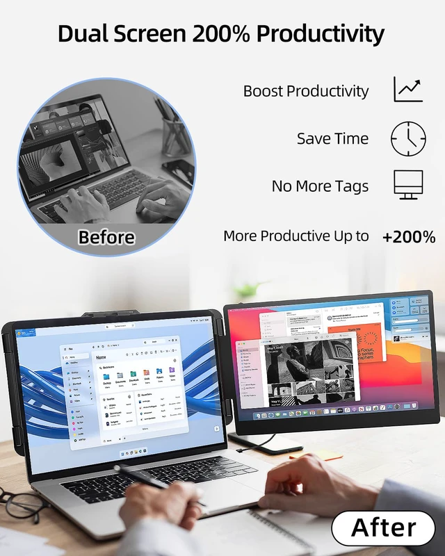 Alt view image 2 of 7 - Laptop Screen Extender, 14" FHD 1080P IPS Dual Laptop Monitor Extender, Plug n Play Portable Travel Monitor for Laptops 13.3"-17" with HDMI/USB-A/Type-C, Compatible with Windows Mac Chrome Android
