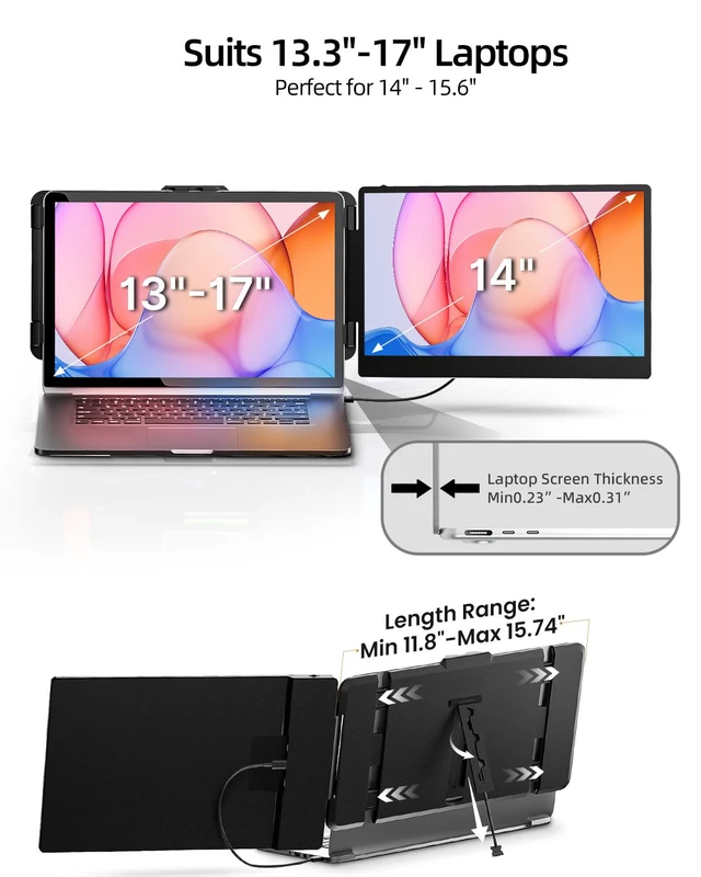 Alt view image 6 of 7 - Laptop Screen Extender, 14" FHD 1080P IPS Dual Laptop Monitor Extender, Plug n Play Portable Travel Monitor for Laptops 13.3"-17" with HDMI/USB-A/Type-C, Compatible with Windows Mac Chrome Android