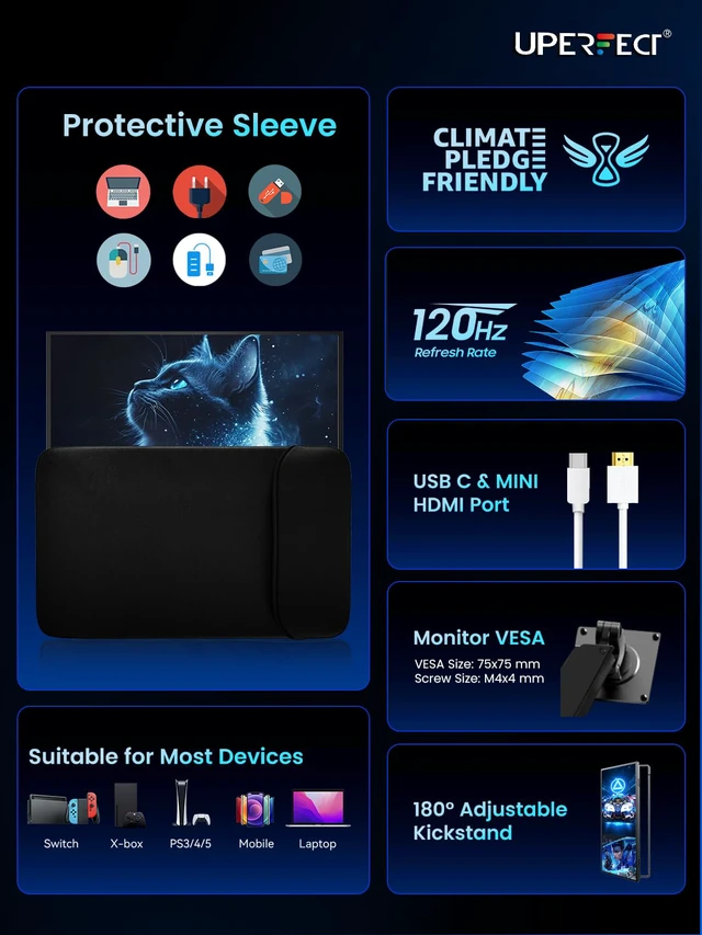 Alt view image 2 of 7 - Portable Monitor 18.5 inch 120HZ 125% sRGB 1080P w/VESA & Stand, Large Portable Monitor FreeSync IPS HDR Gaming Display, HDMI USB C Travel Second Screen for Laptop MacBook