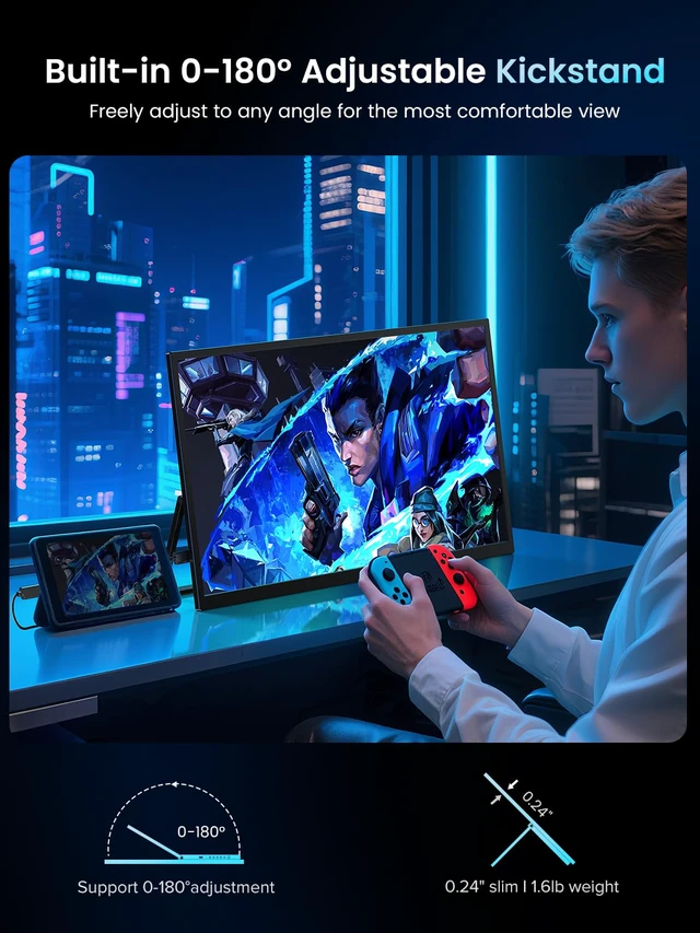 Alt view image 5 of 7 - Portable Monitor 18.5 inch 120HZ 125% sRGB 1080P w/VESA & Stand, Large Portable Monitor FreeSync IPS HDR Gaming Display, HDMI USB C Travel Second Screen for Laptop MacBook
