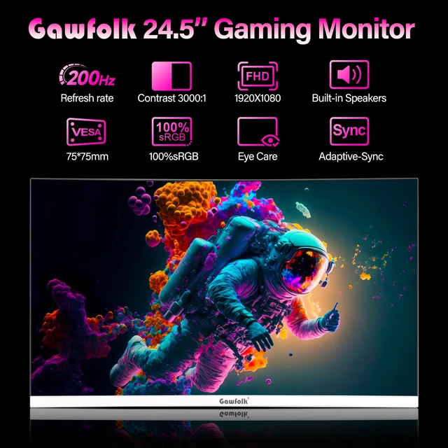 Alt view image 2 of 7 - Gaming Monitor 24.5 Inch 200Hz Built-in Speakers, 180hz PC Monitor FHD 1080P Frameless Computer Monitors, VA,sRGB 100%, DisplayPort, HDMI, Eye Care, Wall Mount Compatible (White)