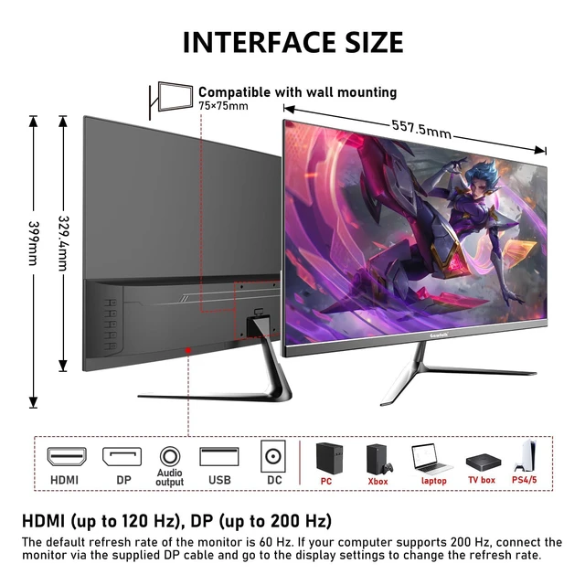 Alt view image 3 of 7 - Gaming Monitor 24.5 Inch 200Hz Built-in Speakers, 180hz PC Monitor FHD 1080P Frameless Computer Monitors, VA,sRGB 100%, DisplayPort, HDMI, Eye Care, Wall Mount Compatible (White)