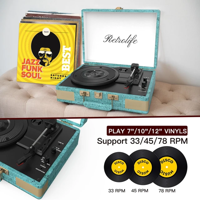 Alt view image 3 of 4 - Record Player 3 Speed Bluetooth Portable Suitcase Vinyl Player with Built-in Speakers Turntable Enhanced Audio Sound PU Leather Vintage
