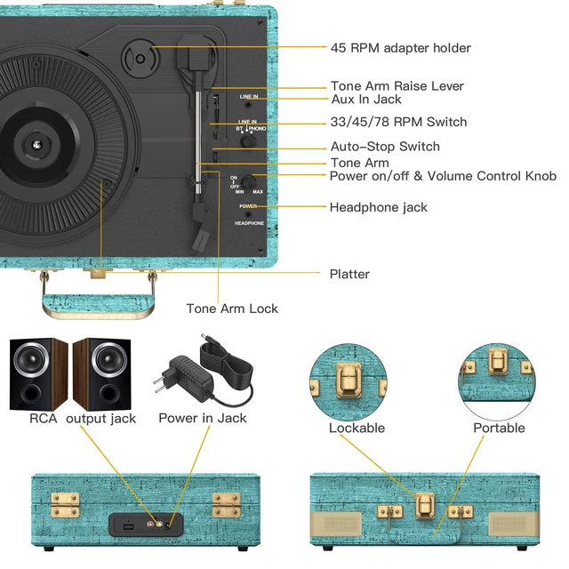 Alt view image 4 of 4 - Record Player 3 Speed Bluetooth Portable Suitcase Vinyl Player with Built-in Speakers Turntable Enhanced Audio Sound PU Leather Vintage