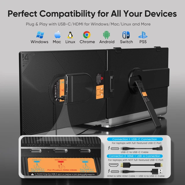 Alt view image 6 of 7 - Laptop Screen Extender, 14" FHD 1080P Dual Screen Monitor for Laptop Ultra-Light Portable Monitor with USB-C/HDMI, Plug & Play for Windows/Mac/Chrome/Android