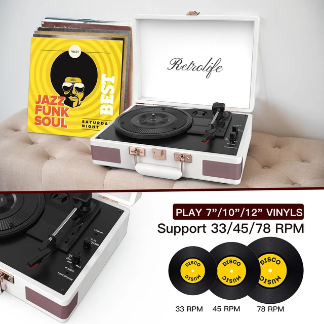 Alt view image 3 of 4 - Record Player 3 Speed Bluetooth Portable Suitcase Vinyl Player with Built-in Speakers Turntable Enhanced Audio Sound PU Leather Vintage Turntable