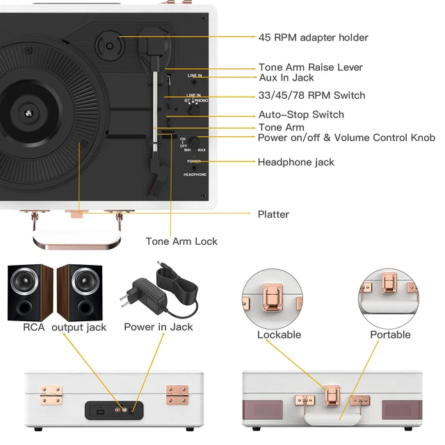 Alt view image 4 of 4 - Record Player 3 Speed Bluetooth Portable Suitcase Vinyl Player with Built-in Speakers Turntable Enhanced Audio Sound PU Leather Vintage Turntable