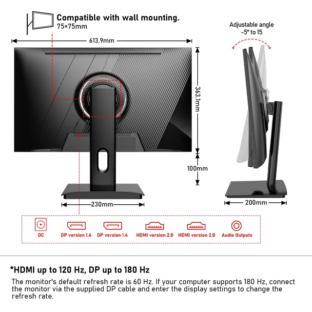 Alt view image 6 of 7 - 27 inch 2K QHD(2560×1440) PC Screen, 180Hz Gaming Monitor, 1ms Without Bezel, FreeSync,100% sRGB, 178° Wide Viewing Angle, HDMI2.0DisplayPort, 75 * 75MM Wall Mount Compatible - Black