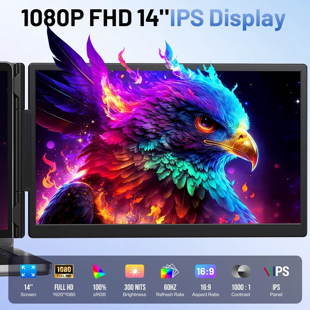 Alt view image 2 of 7 - Laptop Screen Extender, 14 FHD 1080P Portable Monitor for Laptop with 100% sRGB, Dual Screen Extender for Laptop 1317.3, Plug & Play External Monitor, Business Travel & Home Office