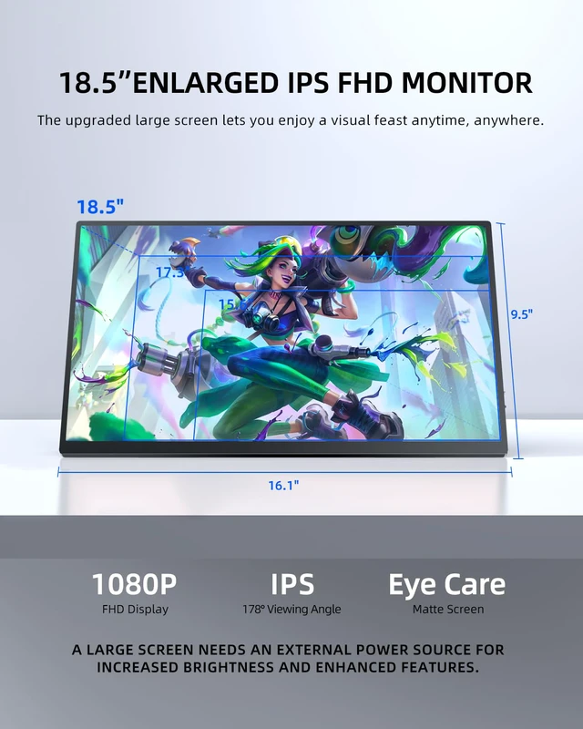 Alt view image 4 of 7 - Portable Monitor 18.5" 120HZ 125% sRGB Portable Laptop Monitor w/VESA & Stand, FreeSync HDR Gaming Monitor, 350Nits USB-C & MINI HDMI Travel Second Screen for Laptop, PC, Game Consoles