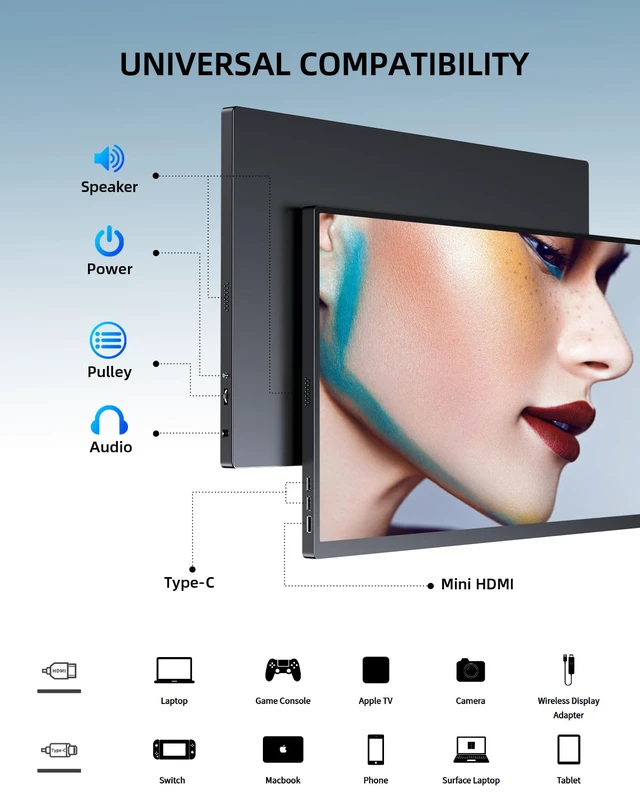 Alt view image 6 of 7 - Portable Monitor 18.5" 120HZ 125% sRGB Portable Laptop Monitor w/VESA & Stand, FreeSync HDR Gaming Monitor, 350Nits USB-C & MINI HDMI Travel Second Screen for Laptop, PC, Game Consoles