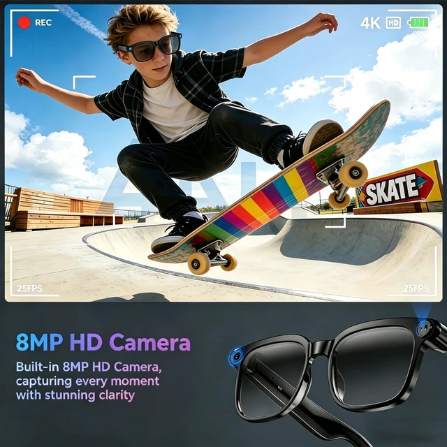 Alt view image 2 of 7 - AI Smart Glasses with Camera, 8MP & 4K, Black | Open Ear Audio, Real-time Translation & AI Recognition, UV400 Lens, IP65 Waterproof, For Runners, Skaters & Business users