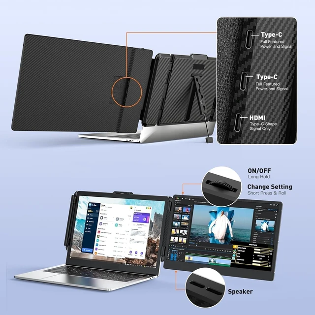 Alt view image 7 of 7 - Laptop Screen Extender 14-inch, 1080P FHD Portable Monitor, Type-C/HDMI/USB-A Plug & Play, Laptop Monitor Extender fits Laptops with Screen up to 15.35" Wide, Compatible with Windows, Mac, Chrome
