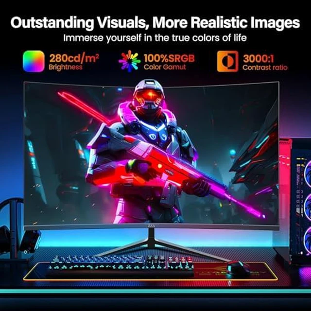Alt view image 4 of 7 - 27 Inch Curved Gaming Monitor 200Hz|180Hz|144HZ 1ms FHD 1080P Computer Screen FreeSync|130% sRGB|HDR|Low Blue Light|HDMI DP Ports|VESA Mount|Metal Stand