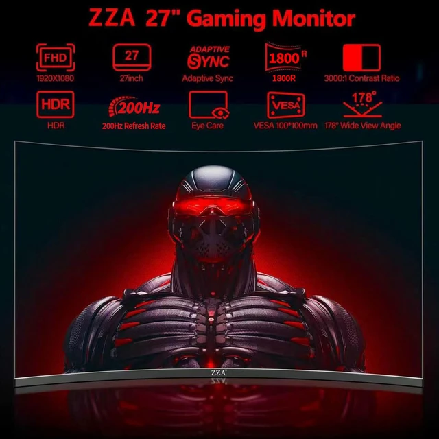 Alt view image 3 of 7 - 27 Inch Curved Gaming Monitor 200Hz|180Hz|144HZ 1ms FHD 1080P Computer Screen FreeSync|130% sRGB|HDR|Low Blue Light|HDMI DP Ports|VESA Mount|Metal Stand