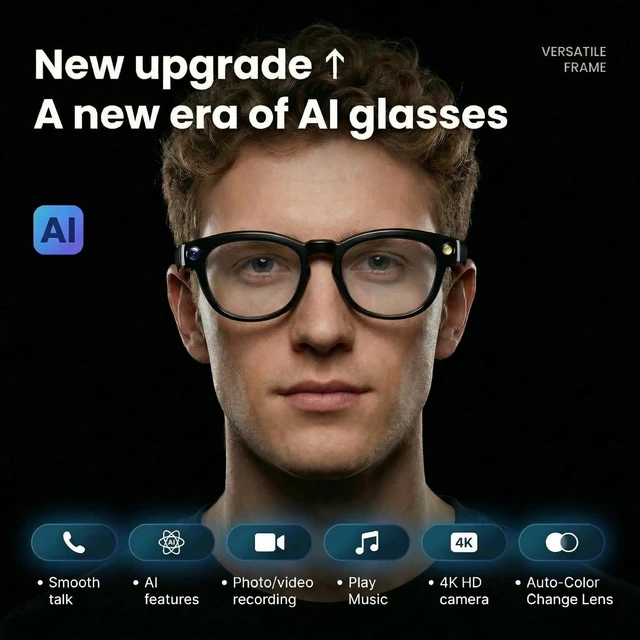 Alt view image 2 of 7 - AI Smart Glasses with Camera, 4K Video Recording Sunglasses with Audio, Real-Time Translation & Object Recognition, Bluetooth Smart Eyewear withVoice Assistant (Black)
