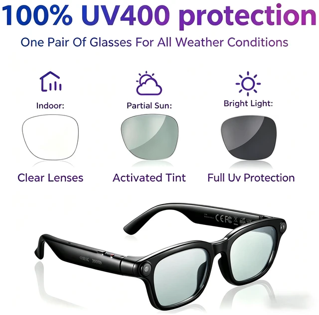 Alt view image 7 of 7 - AI Smart Glasses with Camera, 8MP & 4K, Black | Open Ear Audio, Real-time Translation & AI Recognition, UV400 Lens, IP65 Waterproof, For Runners, Skaters & Business users