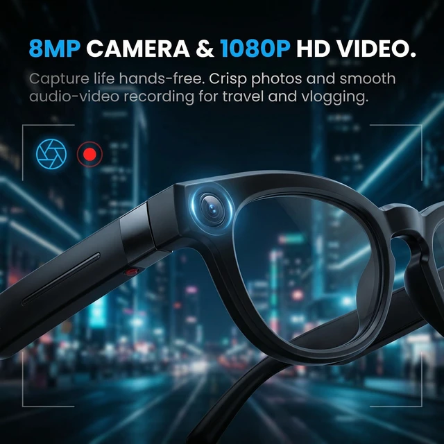 Alt view image 5 of 7 - AI Smart Glasses with Camera, 4K Video Recording Sunglasses with Audio, Real-Time Translation & Object Recognition, Bluetooth Smart Eyewear withVoice Assistant (Black)