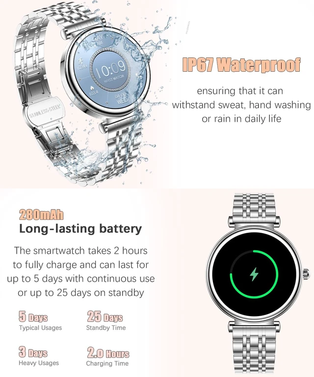Alt view image 5 of 7 - Smart Watch for Women 1.27" Color Screen Waterproof Fitness Activity Tracker Rose Gold Women's Smart Watch with Heart Rate Sleep Monitor for Android and iOS (Full Silver Steel RT-i109)