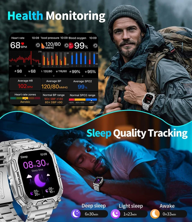 Alt view image 4 of 7 - Military Smart Watches for Men(Answer/Dial Calls),2.01" Ultra Large Smartwatch with 60 Days Extra-Long Battery/Heart Rate/Sleep Monitor/Flashlight/2 Straps,Rugged Fitness Watch for iOS and Android