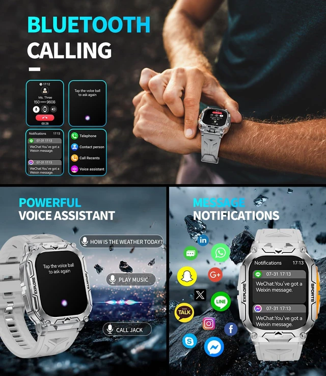 Alt view image 5 of 7 - Military Smart Watches for Men(Answer/Dial Calls),2.01" Ultra Large Smartwatch with 60 Days Extra-Long Battery/Heart Rate/Sleep Monitor/Flashlight/2 Straps,Rugged Fitness Watch for iOS and Android