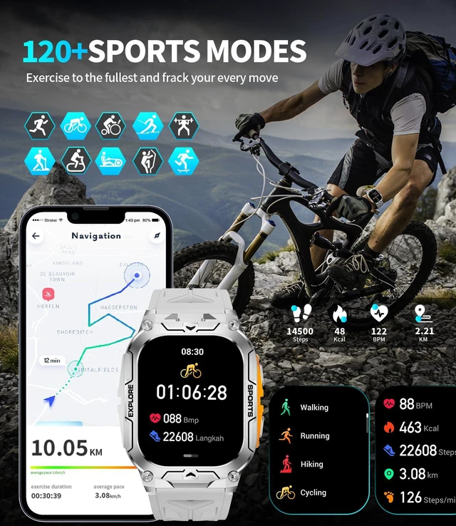 Alt view image 6 of 7 - Military Smart Watches for Men(Answer/Dial Calls),2.01" Ultra Large Smartwatch with 60 Days Extra-Long Battery/Heart Rate/Sleep Monitor/Flashlight/2 Straps,Rugged Fitness Watch for iOS and Android