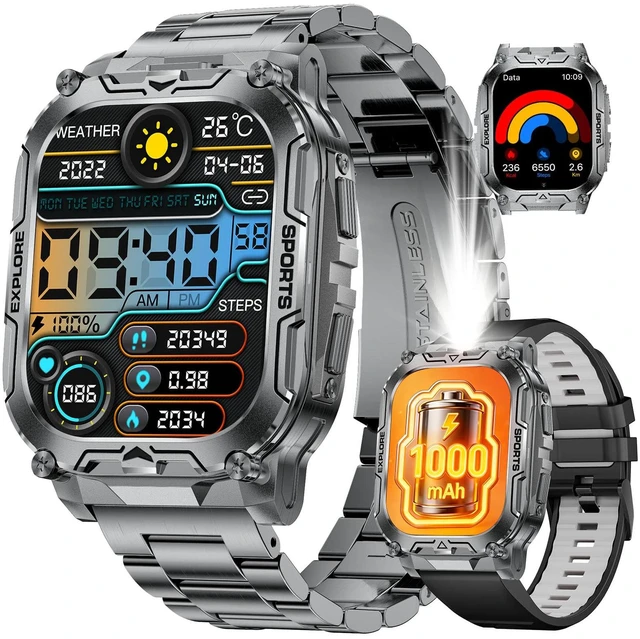 Main image of Military Smart Watches for Men(Answer/Dial Calls),2.01" Ultra Large HD Smartwatch with 60 Days Extra-Long Battery/Heart Rate/Sleep Monitor/Flashlight/2 Straps,Rugged Fitness Watch for iOS and Android