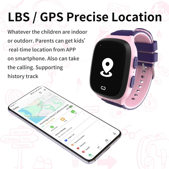 Alt view image 3 of 7 - 4G Kids Smart Watch with GPS Tracker Location Video Call Cell Phone SOS Calling Voice Chat Touch Screen Camera Alarm Clock Gifts for Age 5-12 Kids (Pink)